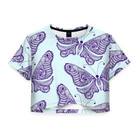 Женская футболка Crop-top 3D с принтом Гжелевые бабочки в Тюмени, 100% полиэстер | круглая горловина, длина футболки до линии талии, рукава с отворотами | бабочки | бирюзовый | гжель | синий