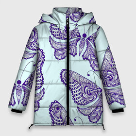 Женская зимняя куртка 3D с принтом Гжелевые бабочки в Тюмени, верх — 100% полиэстер; подкладка — 100% полиэстер; утеплитель — 100% полиэстер | длина ниже бедра, силуэт Оверсайз. Есть воротник-стойка, отстегивающийся капюшон и ветрозащитная планка. 

Боковые карманы с листочкой на кнопках и внутренний карман на молнии | Тематика изображения на принте: бабочки | бирюзовый | гжель | синий