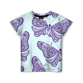 Детская футболка 3D с принтом Гжелевые бабочки в Тюмени, 100% гипоаллергенный полиэфир | прямой крой, круглый вырез горловины, длина до линии бедер, чуть спущенное плечо, ткань немного тянется | бабочки | бирюзовый | гжель | синий