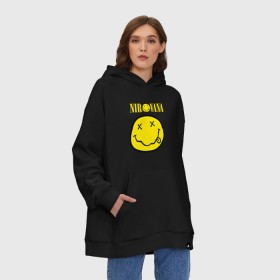 Худи SuperOversize хлопок с принтом NIRVANA в Тюмени, 70% хлопок, 30% полиэстер, мягкий начес внутри | карман-кенгуру, эластичная резинка на манжетах и по нижней кромке, двухслойный капюшон
 | nirvana | nirvana smells | nirvana smells like | teen spirit | курт кобейн | нирвана | нирвана песни.