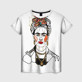 Женская футболка 3D с принтом Фрида Кало  в Тюмени, 100% полиэфир ( синтетическое хлопкоподобное полотно) | прямой крой, круглый вырез горловины, длина до линии бедер | Тематика изображения на принте: кало | картинки | популярные | прикольные | фрида | цветы | человек