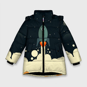 Зимняя куртка для девочек 3D с принтом ракета дым космос в Тюмени, ткань верха — 100% полиэстер; подклад — 100% полиэстер, утеплитель — 100% полиэстер. | длина ниже бедра, удлиненная спинка, воротник стойка и отстегивающийся капюшон. Есть боковые карманы с листочкой на кнопках, утяжки по низу изделия и внутренний карман на молнии. 

Предусмотрены светоотражающий принт на спинке, радужный светоотражающий элемент на пуллере молнии и на резинке для утяжки. | Тематика изображения на принте: вверх | взлет | графика | детский | дым | космос | минимализм | ракета | рисунок | старт