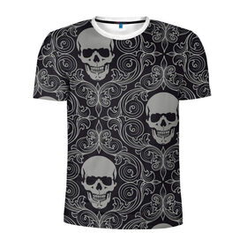 Мужская футболка 3D спортивная с принтом Весёлый Роджер в Тюмени, 100% полиэстер с улучшенными характеристиками | приталенный силуэт, круглая горловина, широкие плечи, сужается к линии бедра | белый | веселый роджер | день мёртвых | череп | черепа | черный