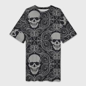 Платье-футболка 3D с принтом Весёлый Роджер в Тюмени,  |  | белый | веселый роджер | день мёртвых | череп | черепа | черный