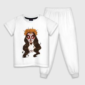 Детская пижама хлопок с принтом Миктлансиуатль в Тюмени, 100% хлопок |  брюки и футболка прямого кроя, без карманов, на брюках мягкая резинка на поясе и по низу штанин
 | белый | девушка | день мёртвых | красный | оранжевый | роза | цветы | череп | черный
