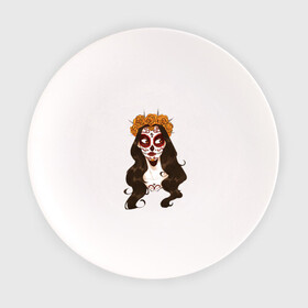 Тарелка с принтом Миктлансиуатль в Тюмени, фарфор | диаметр - 210 мм
диаметр для нанесения принта - 120 мм | белый | девушка | день мёртвых | красный | оранжевый | роза | цветы | череп | черный
