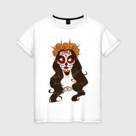 Женская футболка хлопок с принтом Миктлансиуатль в Тюмени, 100% хлопок | прямой крой, круглый вырез горловины, длина до линии бедер, слегка спущенное плечо | белый | девушка | день мёртвых | красный | оранжевый | роза | цветы | череп | черный