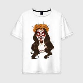 Женская футболка хлопок Oversize с принтом Миктлансиуатль в Тюмени, 100% хлопок | свободный крой, круглый ворот, спущенный рукав, длина до линии бедер
 | белый | девушка | день мёртвых | красный | оранжевый | роза | цветы | череп | черный