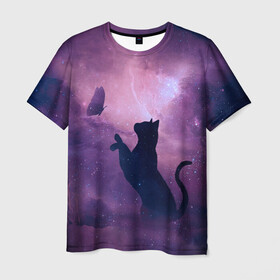 Мужская футболка 3D с принтом Бабочка кот силуэт фиолетовый в Тюмени, 100% полиэфир | прямой крой, круглый вырез горловины, длина до линии бедер | арт | бабочка | графика | дым | звезды | космос | кот | молния | образ | персонаж | рисунок | силуэт | сиреневый | туман | фантастика | фиолетовый | фэнтези | черная кошка | чернильный
