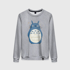 Женский свитшот хлопок с принтом My Neighbor Totoro синий заяц в Тюмени, 100% хлопок | прямой крой, круглый вырез, на манжетах и по низу широкая трикотажная резинка  | totoro | аниме | мой сосед тоторо | мультфильм | тоторо | фэнтези | хаяо миядзаки