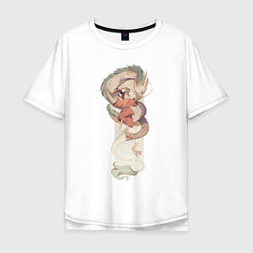 Мужская футболка хлопок Oversize с принтом Хаку и Тихиро в Тюмени, 100% хлопок | свободный крой, круглый ворот, “спинка” длиннее передней части | studio ghibli | аниме | унесённые призраками | хаяо миядзаки