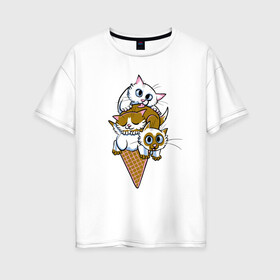 Женская футболка хлопок Oversize с принтом Ice Cream Cats в Тюмени, 100% хлопок | свободный крой, круглый ворот, спущенный рукав, длина до линии бедер
 | Тематика изображения на принте: animal | cat | cute | kitty | meow | друг | еда | животные | киска | китти | кот | котенок | котик | кошечка | кошка | лев | леопард | милый | мороженое | мур | мяу | пантера | питомец | рысь | тигр | улыбка