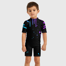 Детский купальный костюм 3D с принтом НЕОНОВЫЕ ПОДТЕКИ в Тюмени, Полиэстер 85%, Спандекс 15% | застежка на молнии на спине | вода | капли | кляксы | краска | неон | неоновый | подтеки | пятна | фиолетовый
