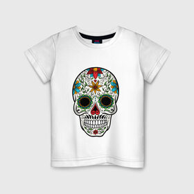 Детская футболка хлопок с принтом Весёлый череп в Тюмени, 100% хлопок | круглый вырез горловины, полуприлегающий силуэт, длина до линии бедер | белый | день мёртвых | желтый | зеленый | красный | сердце | синий | цветы | череп | черный