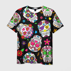 Мужская футболка 3D с принтом Шальные черепа в Тюмени, 100% полиэфир | прямой крой, круглый вырез горловины, длина до линии бедер | doodling | textures | tiles | день мёртвых | дудлинг | тайлы | текстуры | фон | цветы | череп | черепа | черный
