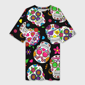 Платье-футболка 3D с принтом Шальные черепа в Тюмени,  |  | doodling | textures | tiles | день мёртвых | дудлинг | тайлы | текстуры | фон | цветы | череп | черепа | черный