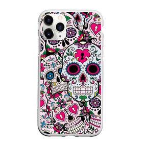 Чехол для iPhone 11 Pro Max матовый с принтом Весёлые черепа в Тюмени, Силикон |  | doodling | textures | tiles | белый | день мёртвых | дудлинг | желтый | звезды | зеленый | красный | кремовый | розовый | синий | тайлы | текстуры | фон | цветы | череп | черепа | черный