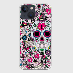 Чехол для iPhone 13 mini с принтом Весёлые черепа в Тюмени,  |  | doodling | textures | tiles | белый | день мёртвых | дудлинг | желтый | звезды | зеленый | красный | кремовый | розовый | синий | тайлы | текстуры | фон | цветы | череп | черепа | черный