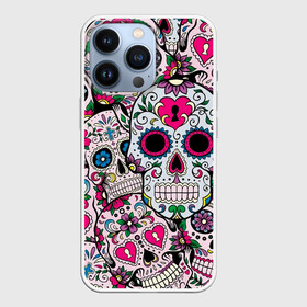 Чехол для iPhone 13 Pro с принтом Весёлые черепа в Тюмени,  |  | doodling | textures | tiles | белый | день мёртвых | дудлинг | желтый | звезды | зеленый | красный | кремовый | розовый | синий | тайлы | текстуры | фон | цветы | череп | черепа | черный