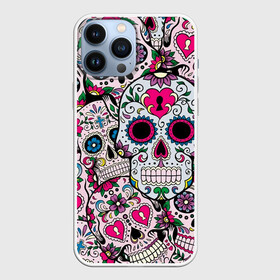 Чехол для iPhone 13 Pro Max с принтом Весёлые черепа в Тюмени,  |  | doodling | textures | tiles | белый | день мёртвых | дудлинг | желтый | звезды | зеленый | красный | кремовый | розовый | синий | тайлы | текстуры | фон | цветы | череп | черепа | черный
