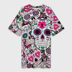 Платье-футболка 3D с принтом Весёлые черепа в Тюмени,  |  | doodling | textures | tiles | белый | день мёртвых | дудлинг | желтый | звезды | зеленый | красный | кремовый | розовый | синий | тайлы | текстуры | фон | цветы | череп | черепа | черный
