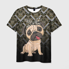 Мужская футболка 3D с принтом милый мопс в Тюмени, 100% полиэфир | прямой крой, круглый вырез горловины, длина до линии бедер | versace | арт | версаче | гламурный | животные | золото | картинка | леопард | милый | мода | мопс | мопсиха | пес | песик | рисунок | собака
