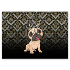 Поздравительная открытка с принтом милый мопс в Тюмени, 100% бумага | плотность бумаги 280 г/м2, матовая, на обратной стороне линовка и место для марки
 | versace | арт | версаче | гламурный | животные | золото | картинка | леопард | милый | мода | мопс | мопсиха | пес | песик | рисунок | собака