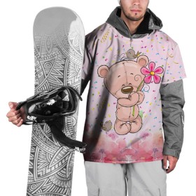 Накидка на куртку 3D с принтом Милый мишка с цветочком в Тюмени, 100% полиэстер |  | Тематика изображения на принте: воробушек | воробьи | медведь | медвежонок | мишка | плюшевый мишка | подарок | птичка | цветок | цветочки