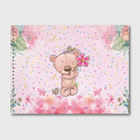 Альбом для рисования с принтом Милый мишка с цветочком в Тюмени, 100% бумага
 | матовая бумага, плотность 200 мг. | Тематика изображения на принте: воробушек | воробьи | медведь | медвежонок | мишка | плюшевый мишка | подарок | птичка | цветок | цветочки