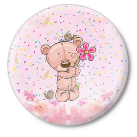 Значок с принтом Милый мишка с цветочком в Тюмени,  металл | круглая форма, металлическая застежка в виде булавки | воробушек | воробьи | медведь | медвежонок | мишка | плюшевый мишка | подарок | птичка | цветок | цветочки
