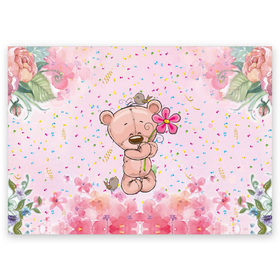 Поздравительная открытка с принтом Милый мишка с цветочком в Тюмени, 100% бумага | плотность бумаги 280 г/м2, матовая, на обратной стороне линовка и место для марки
 | Тематика изображения на принте: воробушек | воробьи | медведь | медвежонок | мишка | плюшевый мишка | подарок | птичка | цветок | цветочки