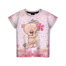 Детская футболка 3D с принтом Милый мишка с цветочком в Тюмени, 100% гипоаллергенный полиэфир | прямой крой, круглый вырез горловины, длина до линии бедер, чуть спущенное плечо, ткань немного тянется | Тематика изображения на принте: воробушек | воробьи | медведь | медвежонок | мишка | плюшевый мишка | подарок | птичка | цветок | цветочки