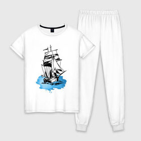 Женская пижама хлопок с принтом Корабль в Тюмени, 100% хлопок | брюки и футболка прямого кроя, без карманов, на брюках мягкая резинка на поясе и по низу штанин | captain | fashion | ocean | sail | sailor | sea | ship | style | travel | water | yacht | вода | капитан | корабль | матрос | мода | море | океан | парус | путешествие | свобода | солнце | стиль | яхта