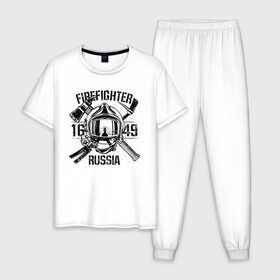 Мужская пижама хлопок с принтом FIREFIGHTER RUSSIA в Тюмени, 100% хлопок | брюки и футболка прямого кроя, без карманов, на брюках мягкая резинка на поясе и по низу штанин
 | Тематика изображения на принте: 112 | 23 февраля | 27 декабря | firefighter | герб | гкчс | знак | лого | логотип | министерство | мчс | мчс россии | мчсник | по чрезв | пожарная охрана | пожарник | пожарный | пч | россии | рф | символ | ситуации