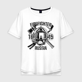 Мужская футболка хлопок Oversize с принтом FIREFIGHTER RUSSIA в Тюмени, 100% хлопок | свободный крой, круглый ворот, “спинка” длиннее передней части | Тематика изображения на принте: 112 | 23 февраля | 27 декабря | firefighter | герб | гкчс | знак | лого | логотип | министерство | мчс | мчс россии | мчсник | по чрезв | пожарная охрана | пожарник | пожарный | пч | россии | рф | символ | ситуации