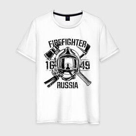 Мужская футболка хлопок с принтом FIREFIGHTER RUSSIA в Тюмени, 100% хлопок | прямой крой, круглый вырез горловины, длина до линии бедер, слегка спущенное плечо. | Тематика изображения на принте: 112 | 23 февраля | 27 декабря | firefighter | герб | гкчс | знак | лого | логотип | министерство | мчс | мчс россии | мчсник | по чрезв | пожарная охрана | пожарник | пожарный | пч | россии | рф | символ | ситуации