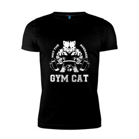 Мужская футболка хлопок Slim с принтом GYM Cat в Тюмени, 92% хлопок, 8% лайкра | приталенный силуэт, круглый вырез ворота, длина до линии бедра, короткий рукав | Тематика изображения на принте: animal | cat | cute | gym | kitty | meow | атлет | друг | животные | качок | киска | китти | кот | котенок | котик | кошечка | кошка | лев | леопард | милый | мур | мяу | надпись | пантера | питомец | рысь | сила | текст | тигр