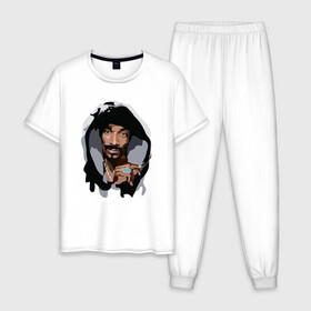 Мужская пижама хлопок с принтом Snoop Dogg в Тюмени, 100% хлопок | брюки и футболка прямого кроя, без карманов, на брюках мягкая резинка на поясе и по низу штанин
 | Тематика изображения на принте: 2pac | black | dog | dr dre | hip hop | rap | snoop dogg | west coast | гангстер | микрофон | музыка | рифма | рэп | рэпер | снуп дог | собака | хип хоп