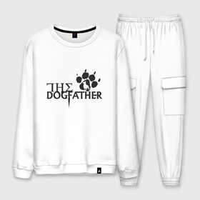 Мужской костюм хлопок с принтом The Dogfather в Тюмени, 100% хлопок | на свитшоте круглая горловина, мягкая резинка по низу. Брюки заужены к низу, на них два вида карманов: два “обычных” по бокам и два объемных, с клапанами, расположенные ниже линии бедра. Брюки с мягкой трикотажной резинкой на поясе и по низу штанин. В поясе для дополнительного комфорта — широкие завязки | amimals | dog | doggy | woof | арт | боксер | бульдог | бультерьер | волк | гав | доберман | дог | долматинец | друг | животные | йорк | картинка | мопс | овчарка | пёс | песик | питомец | пудель | рисунок | сенбернар