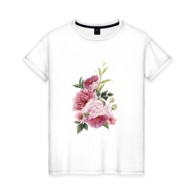 Женская футболка хлопок с принтом Пионы в Тюмени, 100% хлопок | прямой крой, круглый вырез горловины, длина до линии бедер, слегка спущенное плечо | big picture | картинки | лето | пионы | прикольные | тренды | цветы