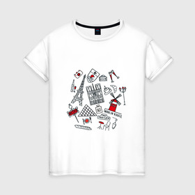 Женская футболка хлопок с принтом Париж Достопримечательности в Тюмени, 100% хлопок | прямой крой, круглый вырез горловины, длина до линии бедер, слегка спущенное плечо | багет | достопримечательности | лувр | метро | муленруж | париж | эйфелева башня
