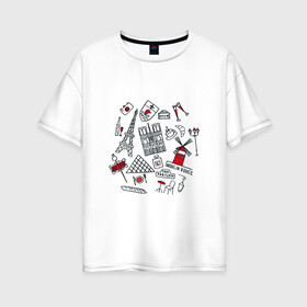 Женская футболка хлопок Oversize с принтом Париж Достопримечательности в Тюмени, 100% хлопок | свободный крой, круглый ворот, спущенный рукав, длина до линии бедер
 | багет | достопримечательности | лувр | метро | муленруж | париж | эйфелева башня