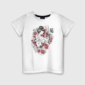 Детская футболка хлопок с принтом Гейша в Тюмени, 100% хлопок | круглый вырез горловины, полуприлегающий силуэт, длина до линии бедер | иллюстрация | рисунок | сакура | цветы | япония
