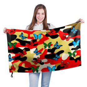Флаг 3D с принтом Камуфляжные бабочки в Тюмени, 100% полиэстер | плотность ткани — 95 г/м2, размер — 67 х 109 см. Принт наносится с одной стороны | бабочки | камуфляж | камуфляжные бабочки | хаки