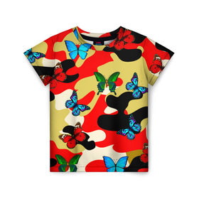 Детская футболка 3D с принтом Камуфляжные бабочки в Тюмени, 100% гипоаллергенный полиэфир | прямой крой, круглый вырез горловины, длина до линии бедер, чуть спущенное плечо, ткань немного тянется | бабочки | камуфляж | камуфляжные бабочки | хаки