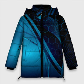 Женская зимняя куртка 3D с принтом ABSTRACT BLUE в Тюмени, верх — 100% полиэстер; подкладка — 100% полиэстер; утеплитель — 100% полиэстер | длина ниже бедра, силуэт Оверсайз. Есть воротник-стойка, отстегивающийся капюшон и ветрозащитная планка. 

Боковые карманы с листочкой на кнопках и внутренний карман на молнии | abstraction | geometry | hexagon | neon | paints | stripes | texture | triangle | абстракция | брызги | геометрия | краски | неон | неоновый | соты | текстура