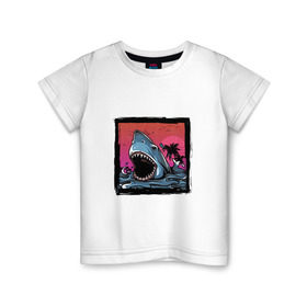 Детская футболка хлопок с принтом White Shark в Тюмени, 100% хлопок | круглый вырез горловины, полуприлегающий силуэт, длина до линии бедер | белая акула | животные | зубы | лето | море | опасный | пальмы | пляж | природа | ретро | рыба | хищник | челюсть | чудовище