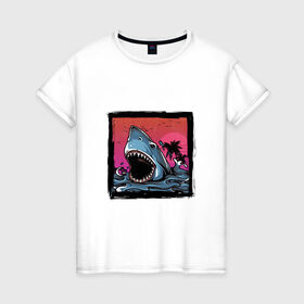 Женская футболка хлопок с принтом White Shark в Тюмени, 100% хлопок | прямой крой, круглый вырез горловины, длина до линии бедер, слегка спущенное плечо | белая акула | животные | зубы | лето | море | опасный | пальмы | пляж | природа | ретро | рыба | хищник | челюсть | чудовище