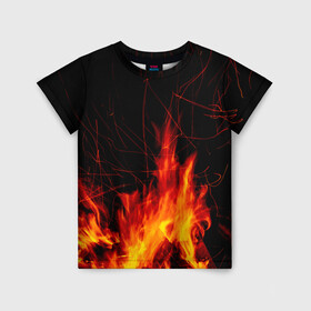 Детская футболка 3D с принтом Ночной костер в лесу в Тюмени, 100% гипоаллергенный полиэфир | прямой крой, круглый вырез горловины, длина до линии бедер, чуть спущенное плечо, ткань немного тянется | дрова | искры | ночь | огонь