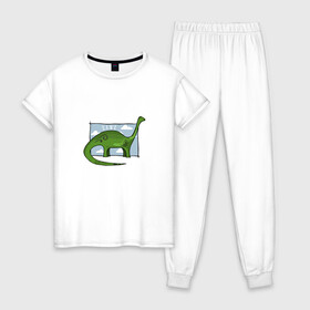 Женская пижама хлопок с принтом Динозавр в Тюмени, 100% хлопок | брюки и футболка прямого кроя, без карманов, на брюках мягкая резинка на поясе и по низу штанин | Тематика изображения на принте: dinosaur | t rex | арт | динозавр | животные | картинка | рисунок